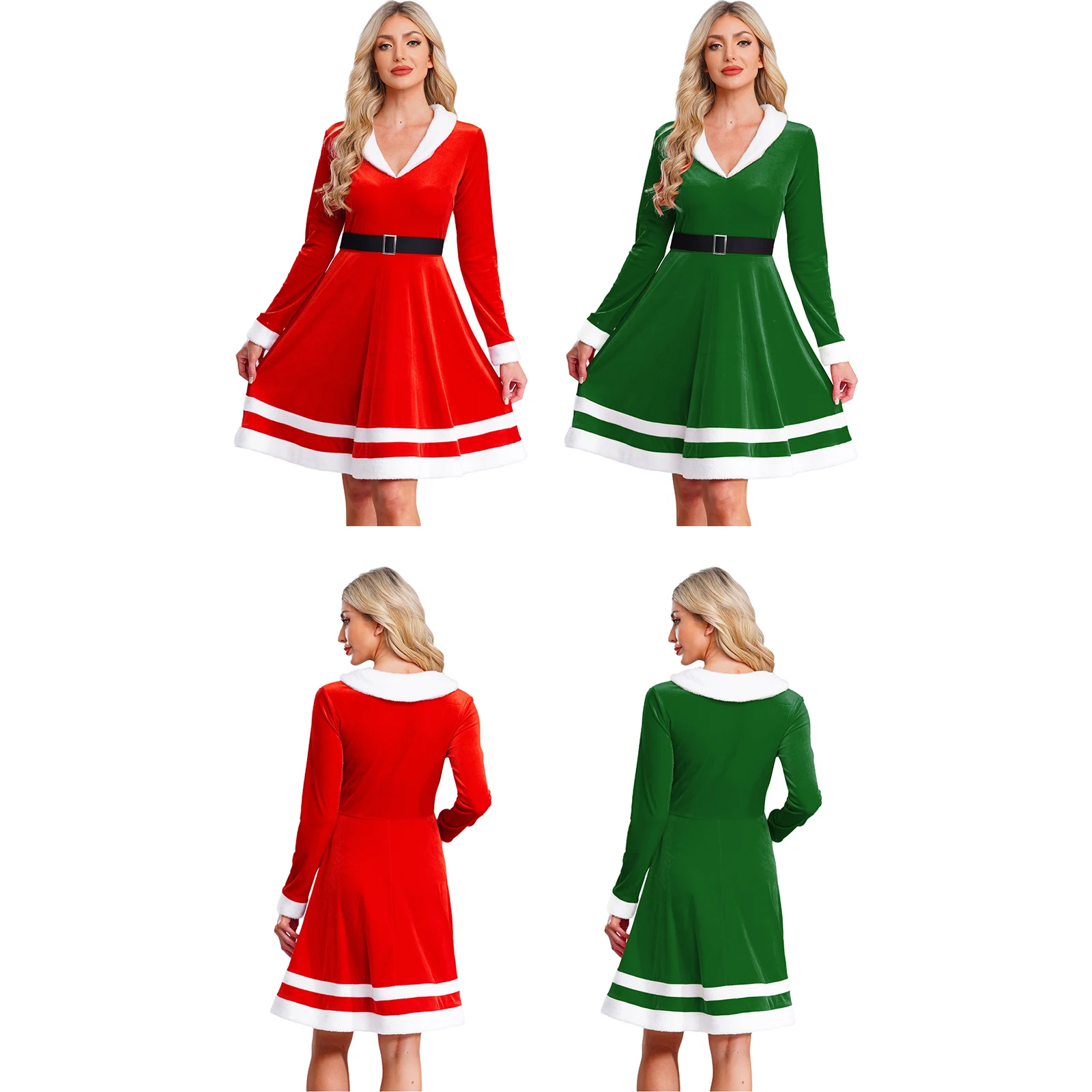 Women Xmas Cosplay Santa Dress Contrast Color V-Neck Long Sleeve Cinched Waist Design Christmas Costume for Festival Parties