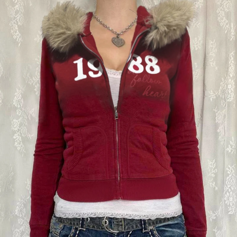 BIIKPIIK Fur Collar Hooded Coats Streetwear Digital Printed Zipper Red Slim Fit Hoodies Fashion Spring Autumn Casual Women Coats