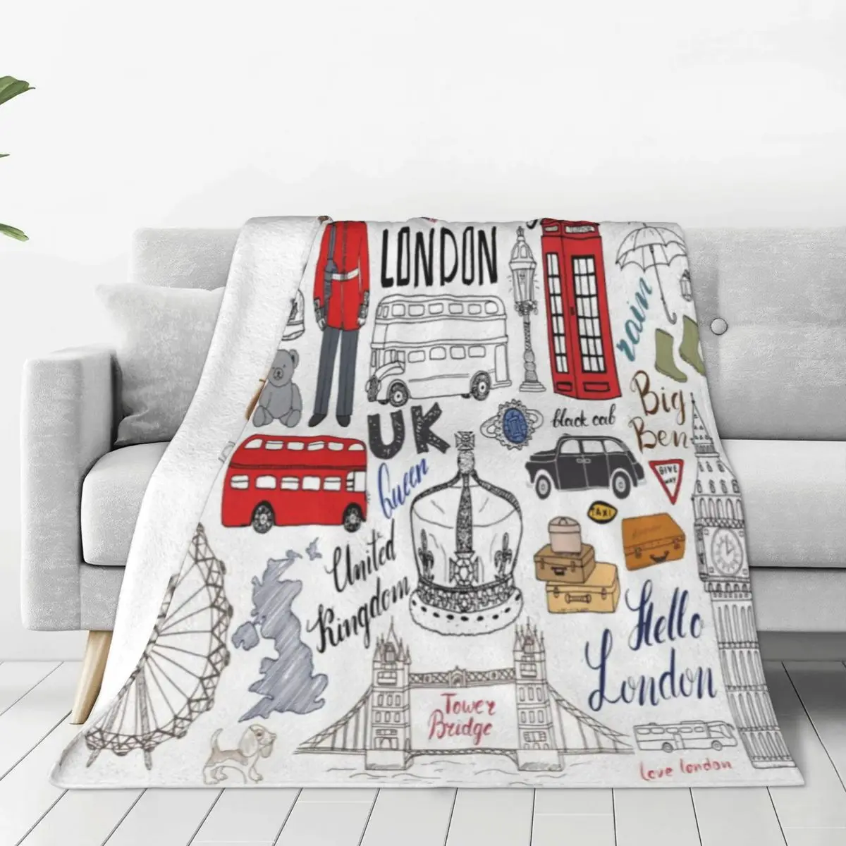 British Graffiti Flannel Blanket Bridge Car Clock London City Super Soft Throw Blanket for Camping Fun Bedspread Sofa Bed Cover