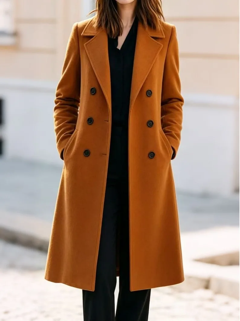 Casual Mid-Length Woolen Coat Double Row Buttons Simple Design Autumn Winter Commuting Fashion Women's Long Sleeve Coat