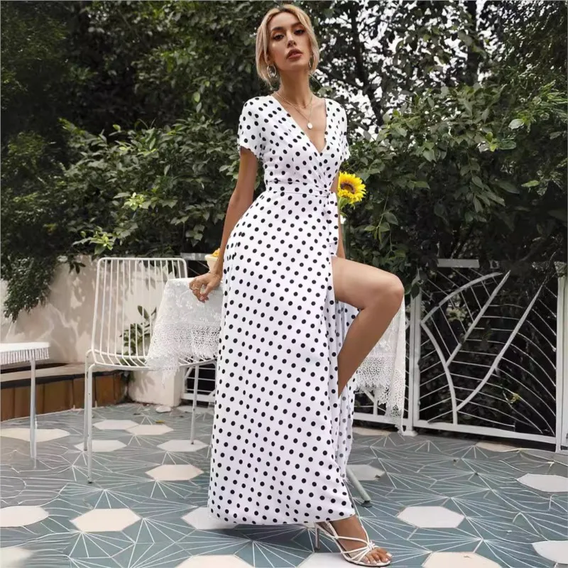 

Woman's Fashion Polka Dot Print Long Dress Summer Foreign Style Slit Hem Design V-neck Dresses Lady Casual Streetwear Clothing