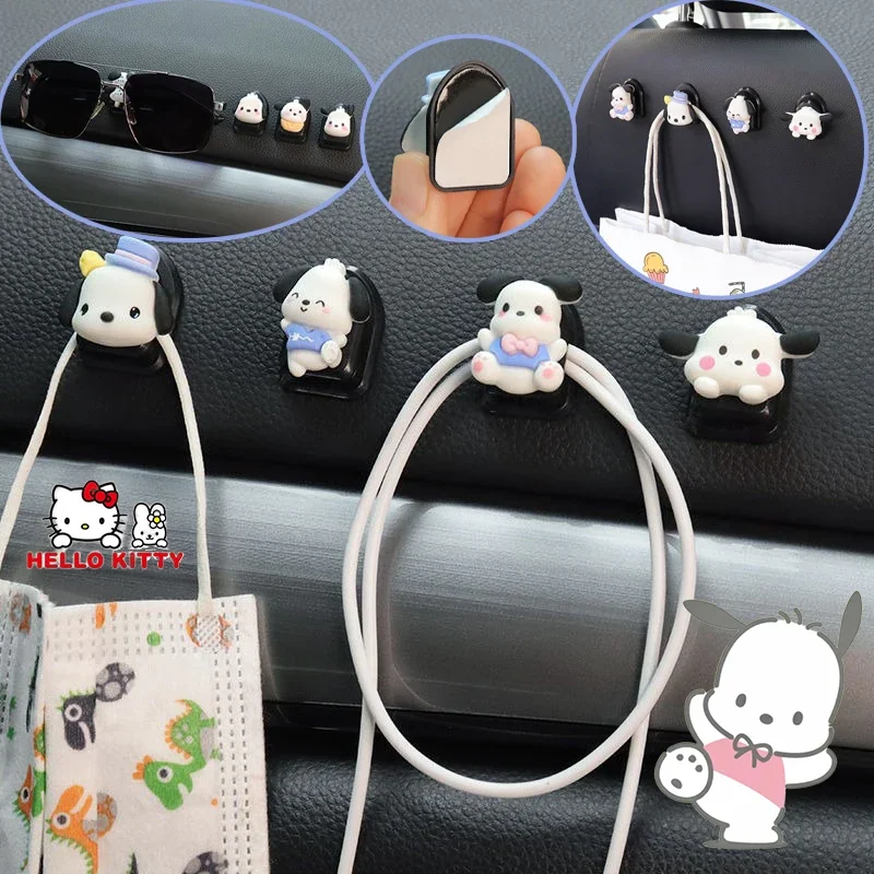 4pcs Sanrio Hello Kitty Pochacco Small Hook Cartoon Anime Car Sticky Hook Storage Car Decoration Home Hook Interior Accessories