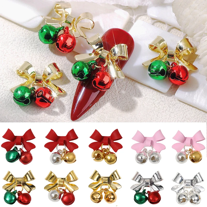 10PCS 3D Luxury Alloy Bow Nail Art Bell Pendant Charms Accessories Parts For Christmas Nails Decoration Design Supplies Material