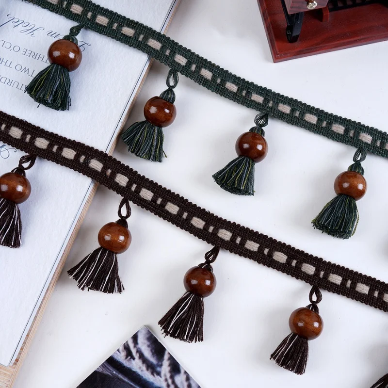QGVLish 6M/lot Wood Pompons Curtain Tassel Fringe Lace Trim DIY Stage Valance Edge Decor Lace Ribbon Belt Curtain Accessories