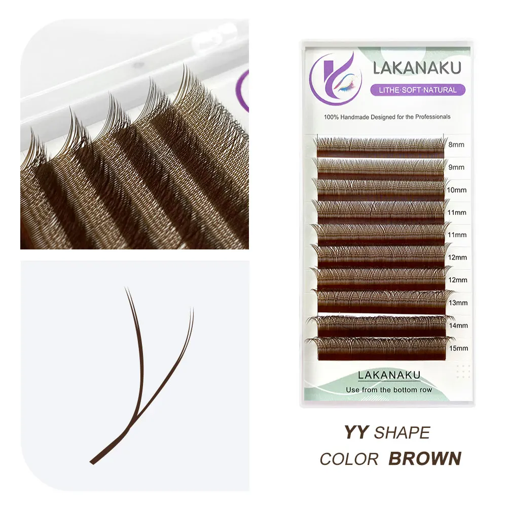 LAKANAKU Brown YY Shape Lashes 2D 0.05 0.07 Faux Mink C/D Natural Soft Brazilian Eyelash Premade Volume Fan Lashes Extension