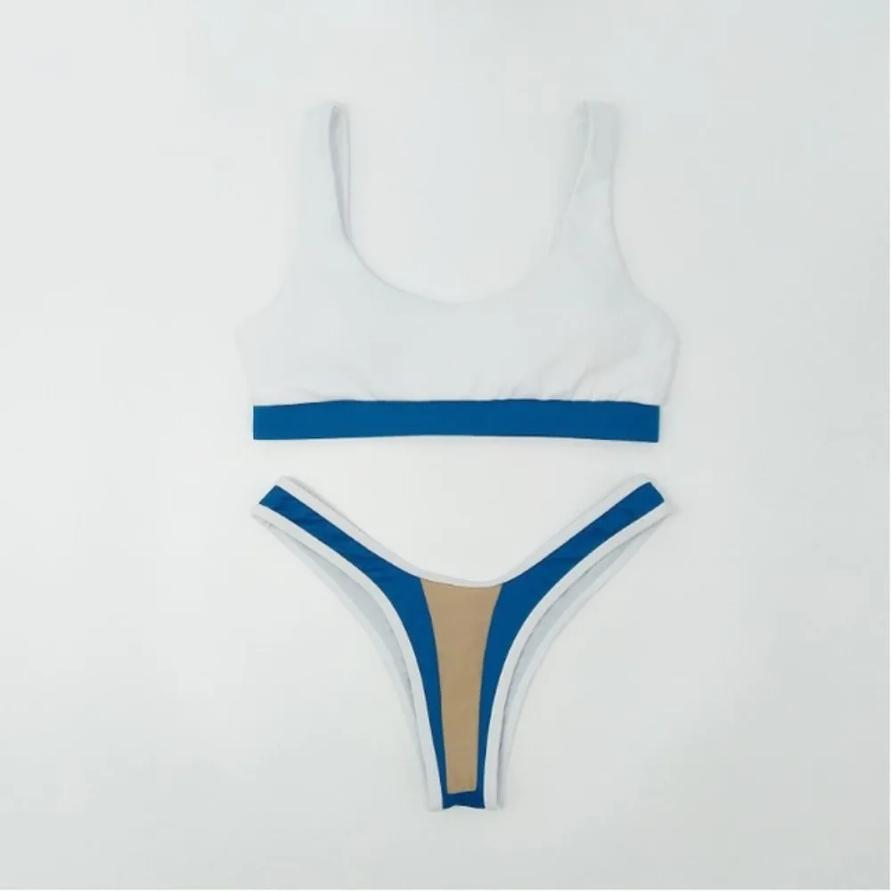 Emenda cor dividida biquíni feminino sexy alta elasticidade confortável tecido de poliéster praia esportes vadear maiô