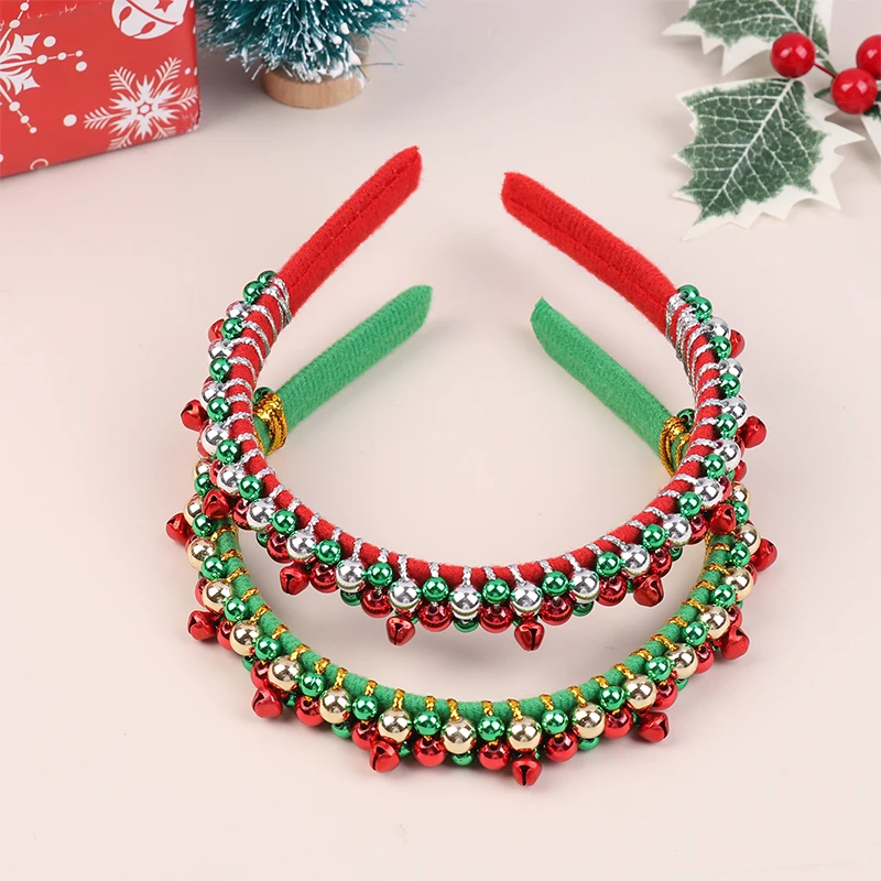 New Red Green Christmas Headband Women's Simple Thin Edges Flannel Jingling Bell Beaded Winding Holiday Hairwear Gift