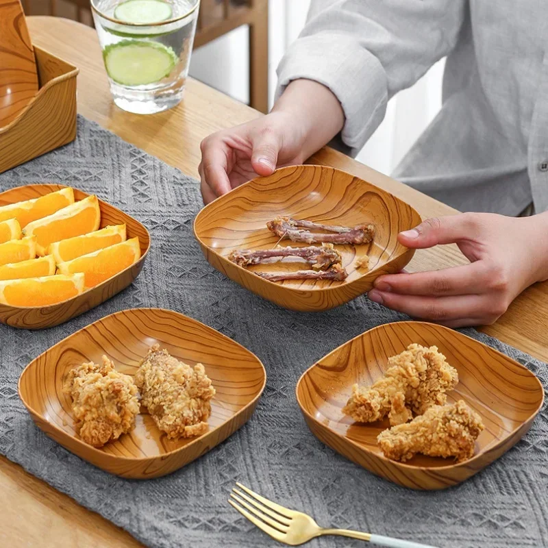 Creative Imitation Wood Grain Plastic Spit Bone Box Afternoon Tea Snack Tray Wood Grain Plate High Value Fruit Plate