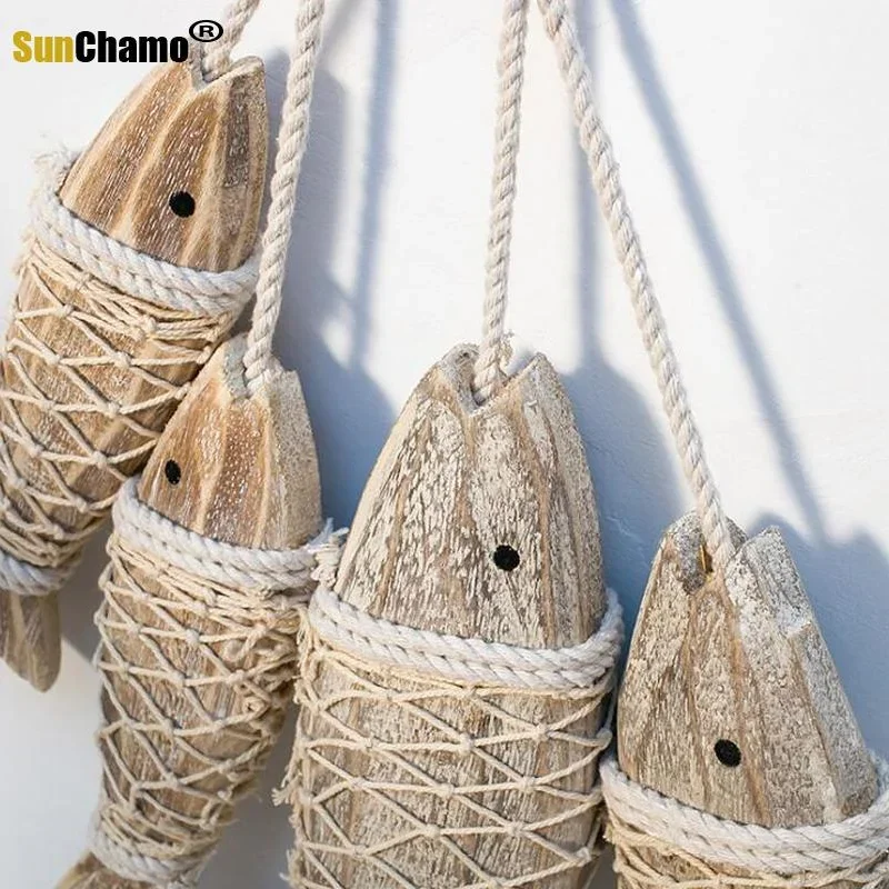 Mediterranean Style Hand Carved Wooden Wood Fish Ornaments Wall Sculptures for Home Hanging Decor Decor  2pcs/set Decoration