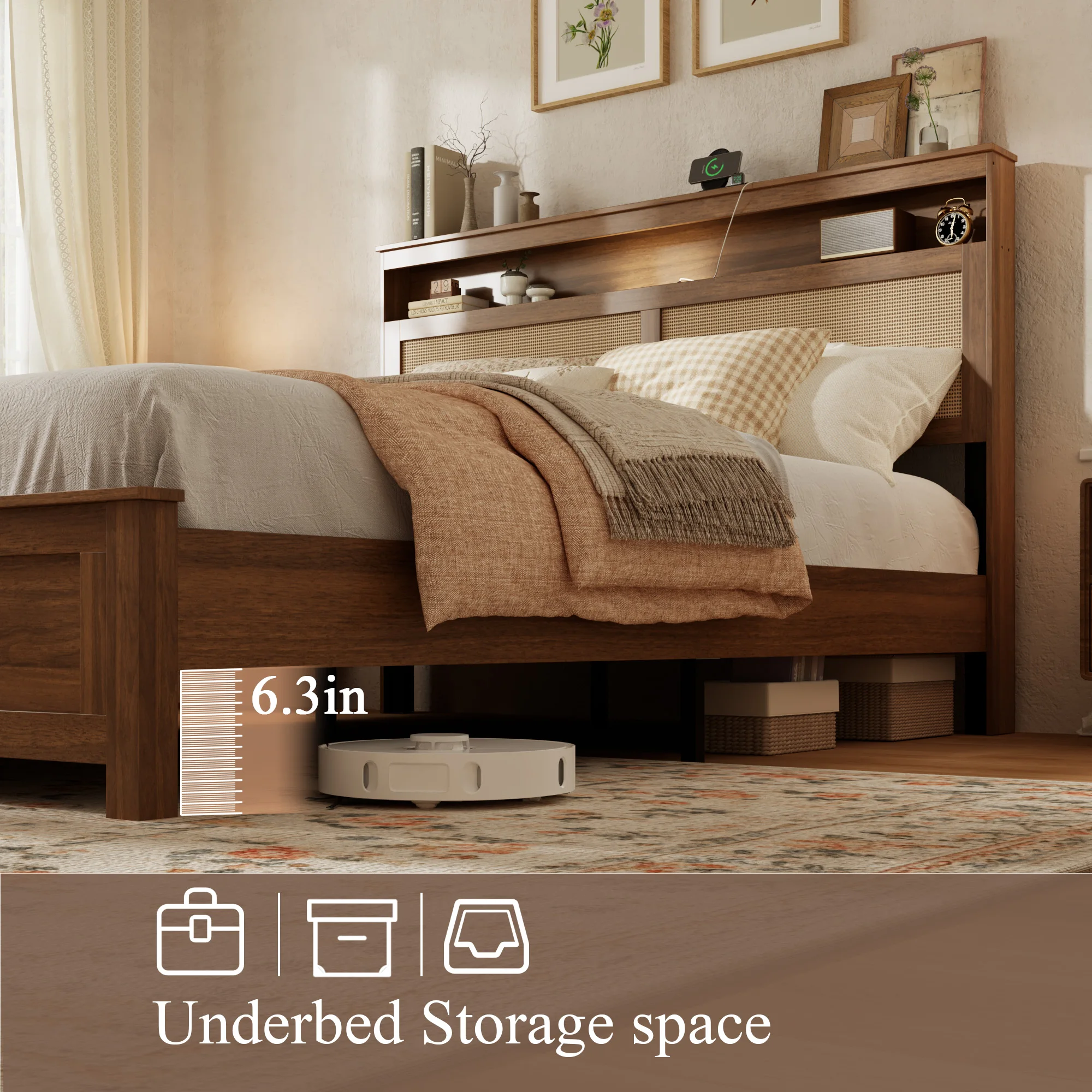 Queen Size Platform Bed Frame with Rattan Headboard and LED Reading Light, Modern Farmhouse Wood Bed with Storage Shelf, No Box Spring Needed - view 7