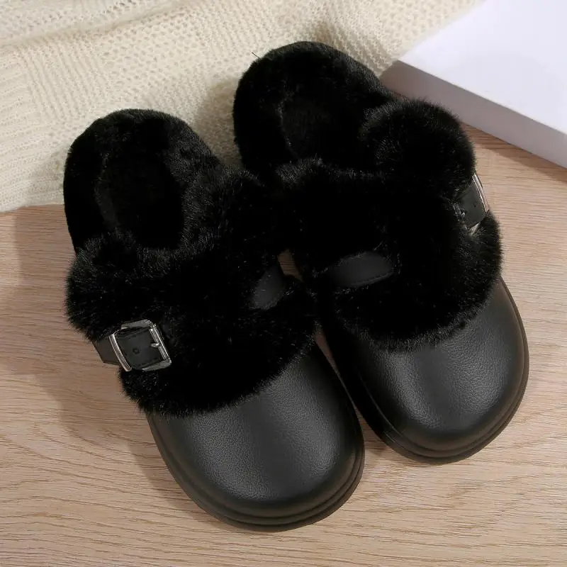 Wasserdichte EVA-Hausschuhe mit dicker Sohle und Fellbesatz für Damen, Winter 2026, mit Metallschnalle, flauschige Fell-Clogs, warme Plüsch-Hausschuhe für Frauen – Detail 25