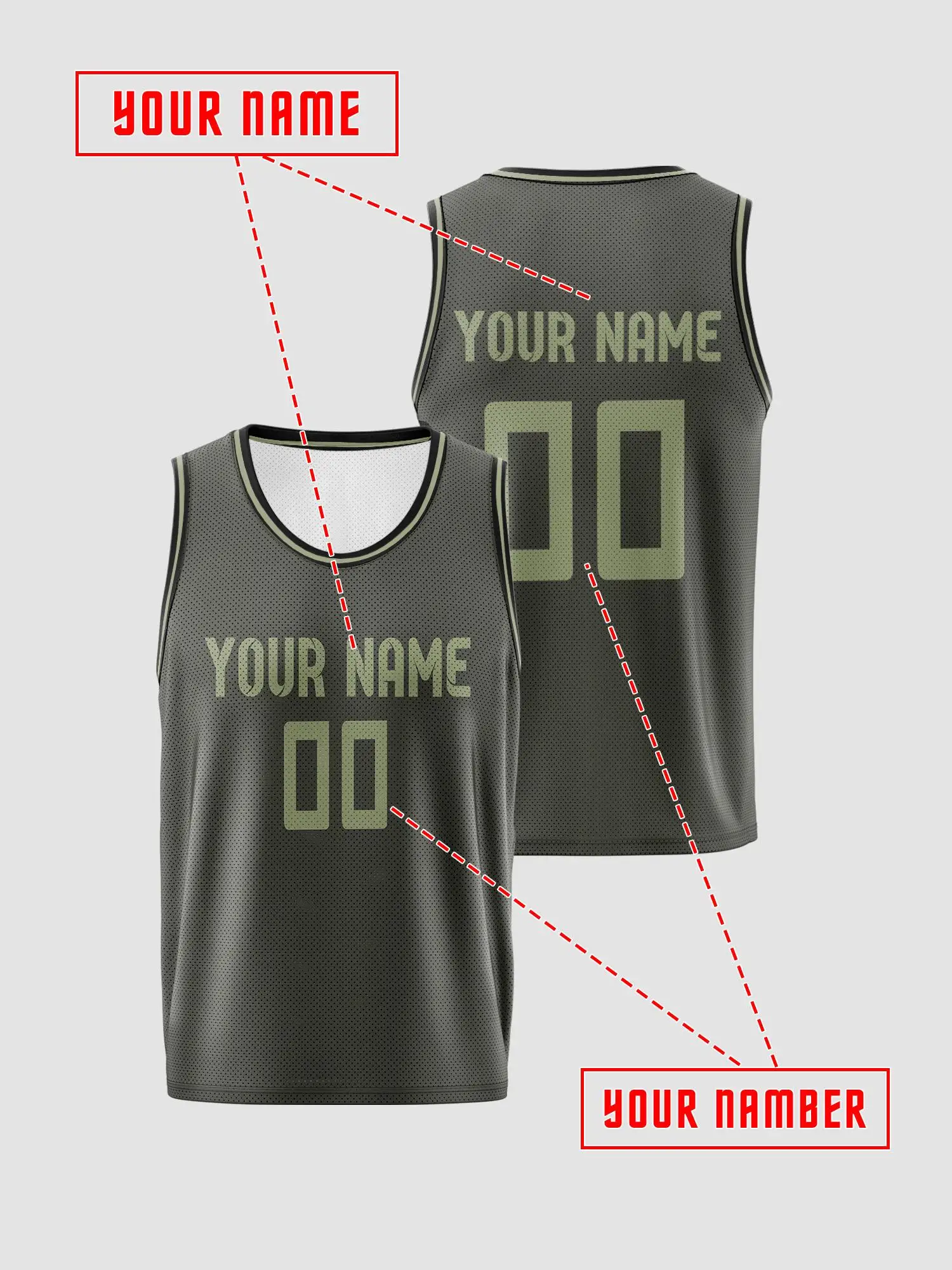 Army‑Green Light‑Green Trim Custom Basketball Jersey Set, Breathable Quick‑Dry Uniform for Kids Adults, Print Name Number