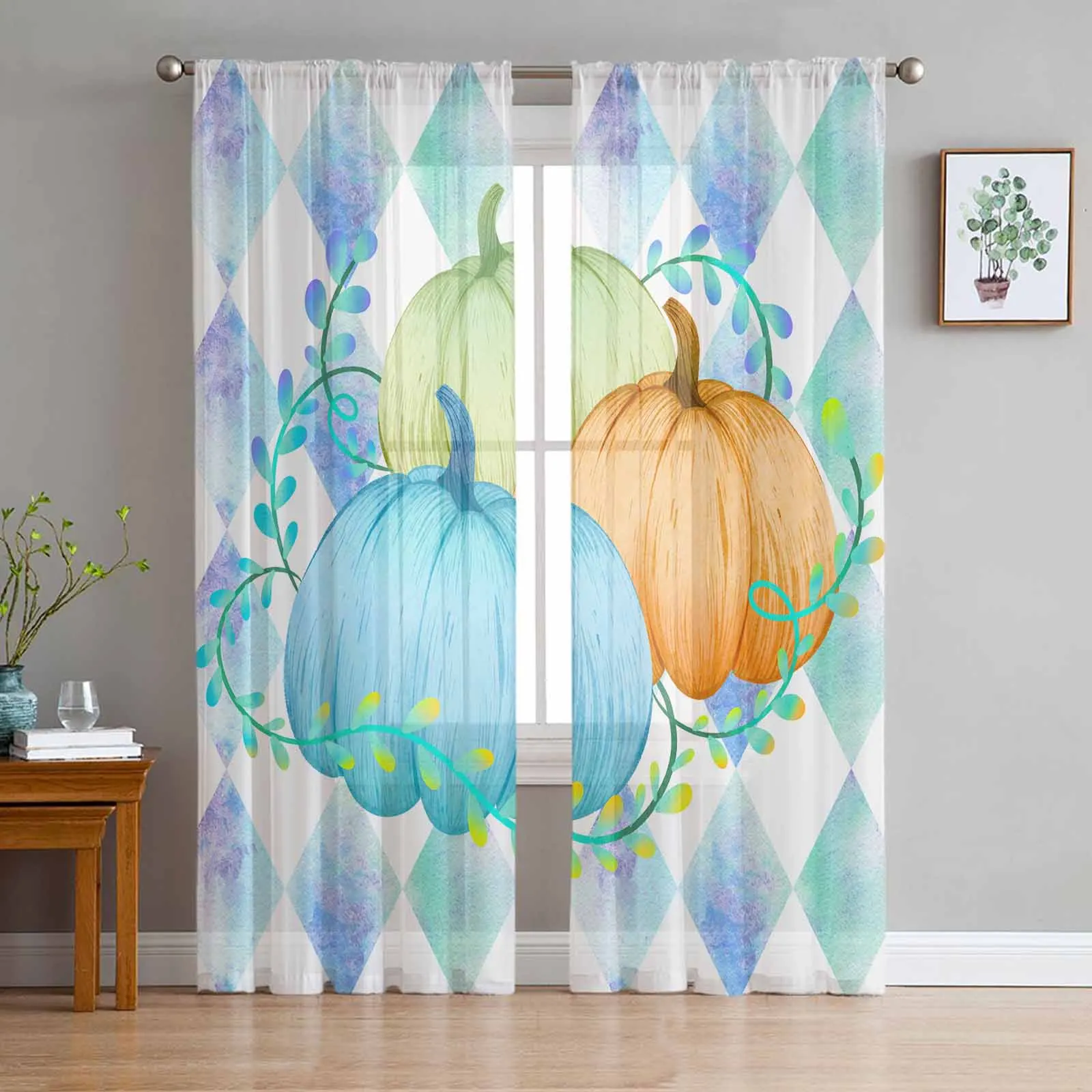 Thanksgiving Pumpkin Plant Vine Man Diamond Grid Curtains For Living Room Tulle Window Curtain Bedroom Kitchen Veil Drapes