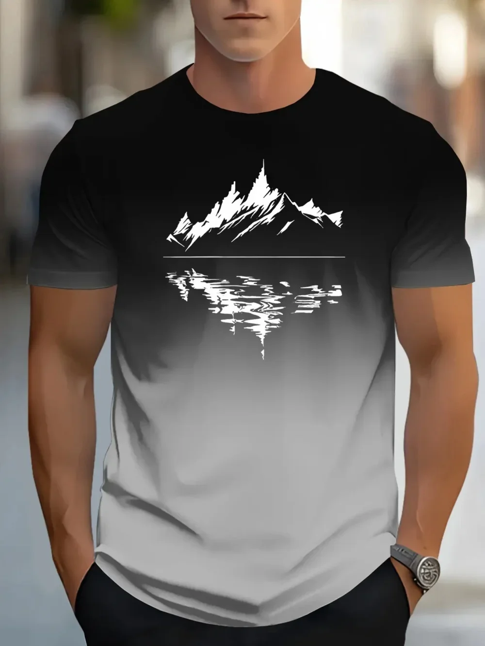 Fashion New Men Mountain Lake Reflection Print T Shirt Gradient Black Grey Short Sleeve Outdoor Nature Casual Crewneck Tees