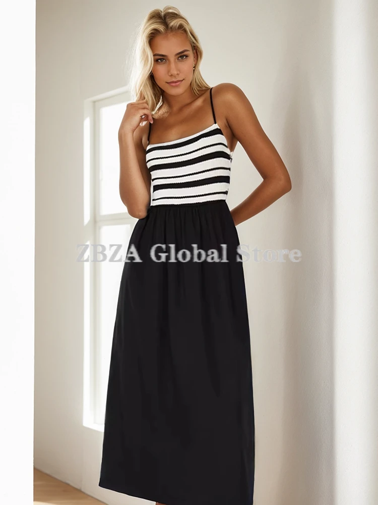 ZBZA Damska patchworkowa sukienka z dzianiny slim fit szelki casual bez rękawów średniej długości z wysokim stanem linia a Elegancka spódnica lato