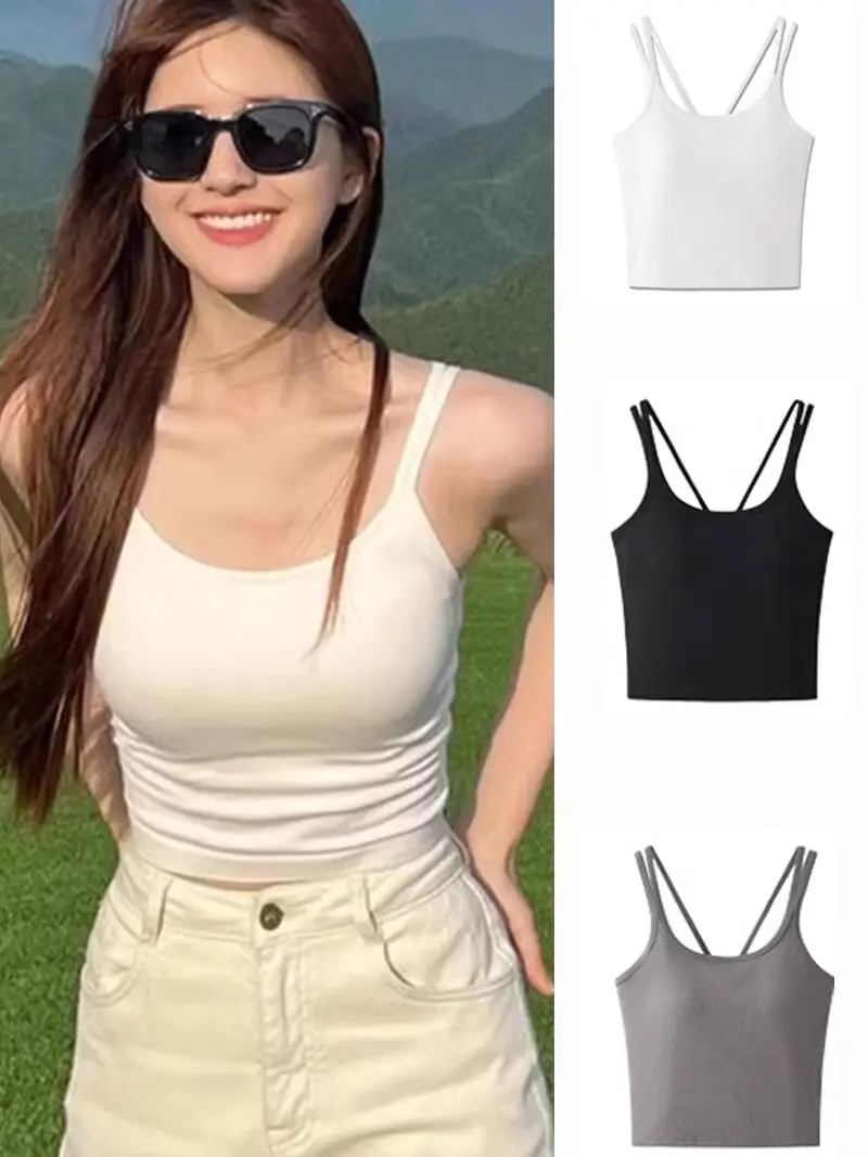 Red Backless  Strap Vest Women's Outerwear Summer Inner Match with Chest Pad Beautiful Back Bra Integrated Yoga Top