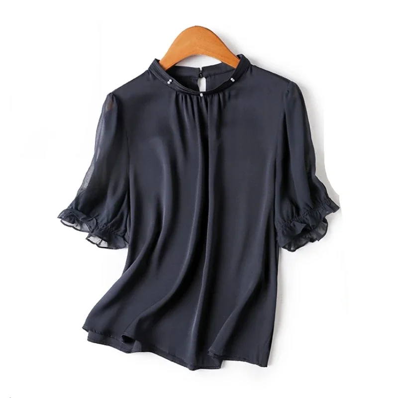 Satin Vintage Women's Shirts Summer Loose Fit Short Sleeve Tops O-neck Clothing SALES Solid Colours Silk Blouses Trend 2024