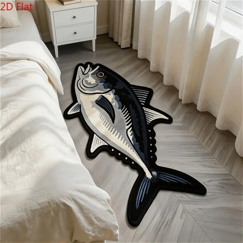 VIKAMA Tuna Fish Rug Novelty Fish Shape Floor Mat Bedroom Bedside Rug Gray Black Carpet Cozy Home Accent Decor