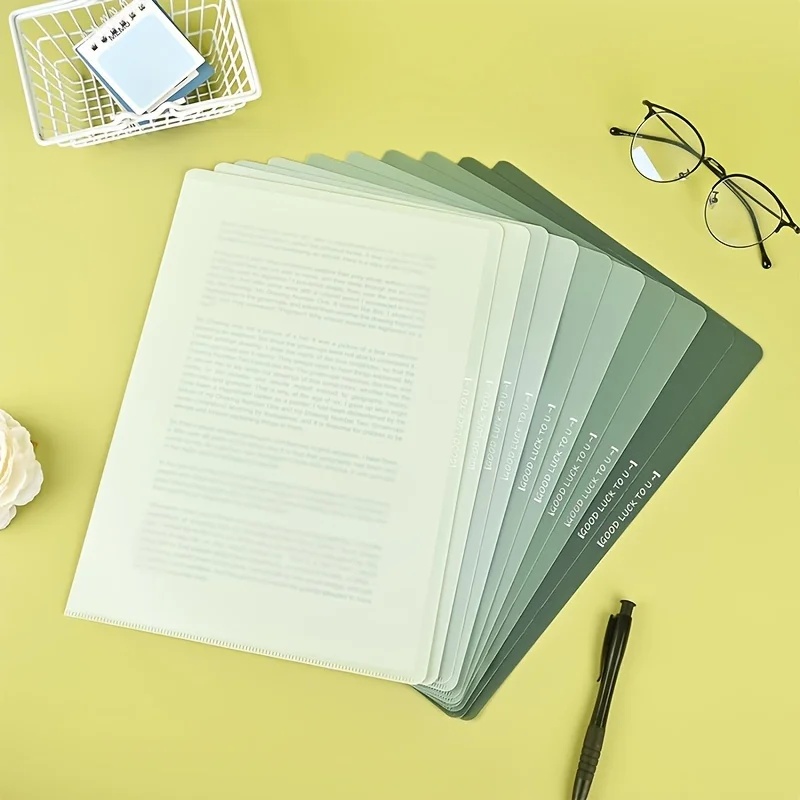 

15pcs A4 Gradient Forest Green File Folders - Thick, Transparent Document Sleeves with L Clip for Office Organization