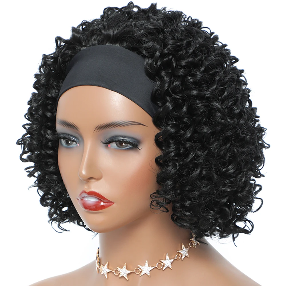 Image of Kurze, kleberlose Perücke, weiche, krause, lockige Stirnbandperücken, Afro-Deep-Wave-Kunsthaarperücke für Frauen und Mädchen, natürliche Perücken für Damen