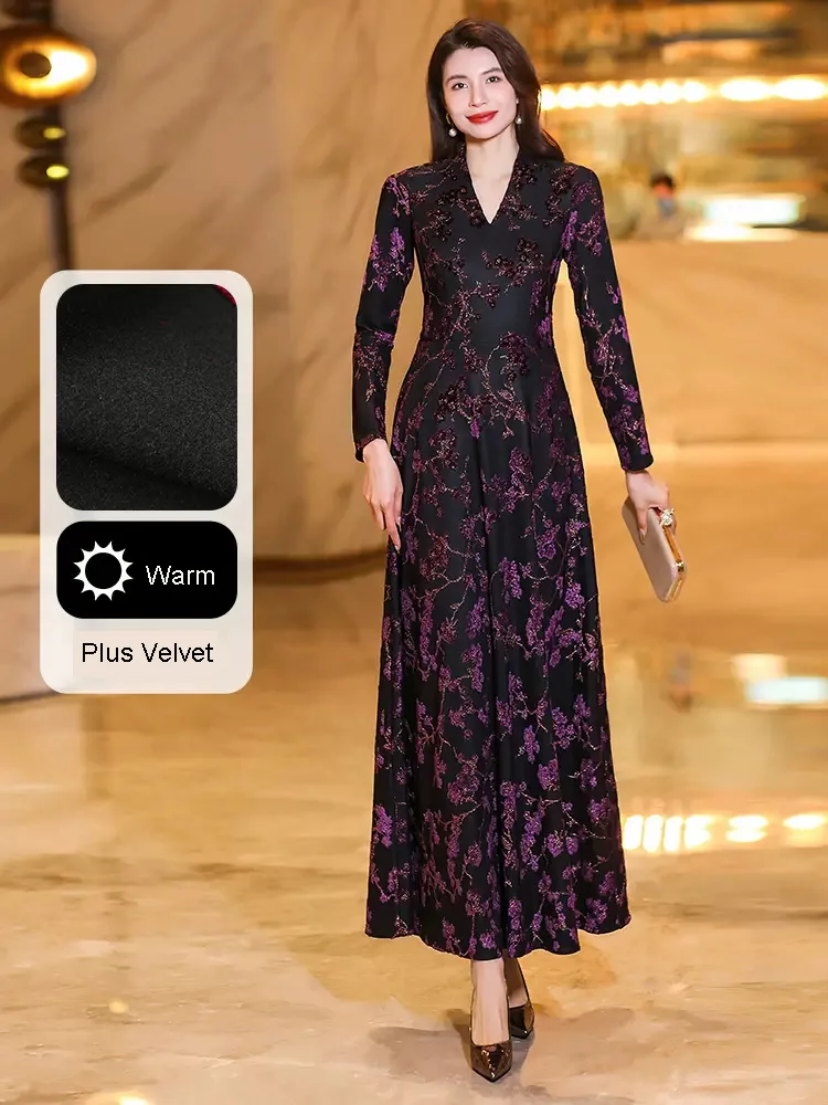 New Women Autumn Winter Plus Velvet Thick Overlength Dress Fashion Jacquard Bright Silk Small V-Neck Long Sleeve Slim Dress