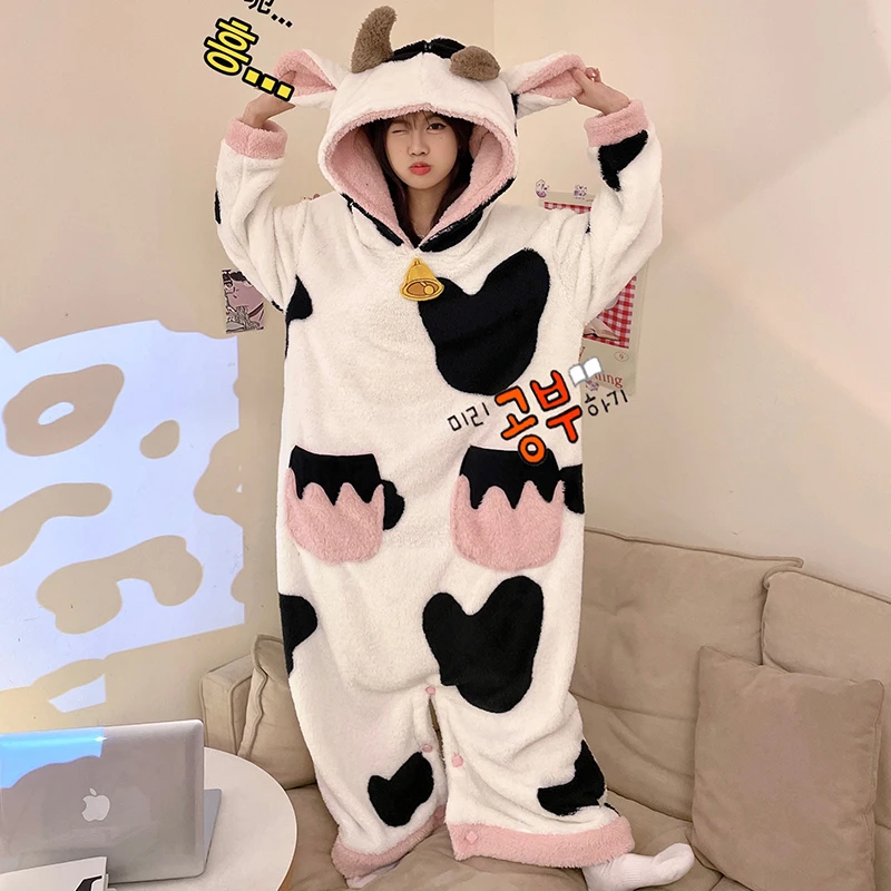 Kigurumis Cow Pajamas Women Onesie Adult Female Winter Sleepwear Zipper Hooded  Jumpsuits Thick Soft Warm Fleece Pijama Mujer