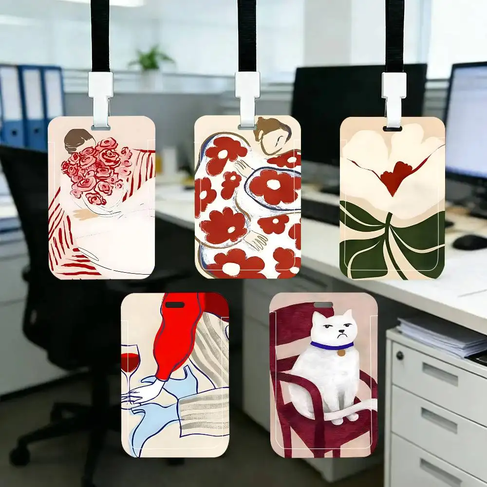 Capa Protetora para Cartão de Identificação, Cartão Escolar, Cartão de Acesso, Cartão de Ônibus e Cartão de Refeição, com Estampa Abstrata de Gato, Flor e Menina com Listras Vermelhas, e Design de Café, com Sistema de Inserção Fácil