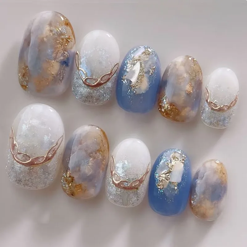 

10PCS Fake Nails Mist Gradient Oil Painting Style Metallic French Tips Press-On Nail Tips Perfect for Gift To Girls and Friends