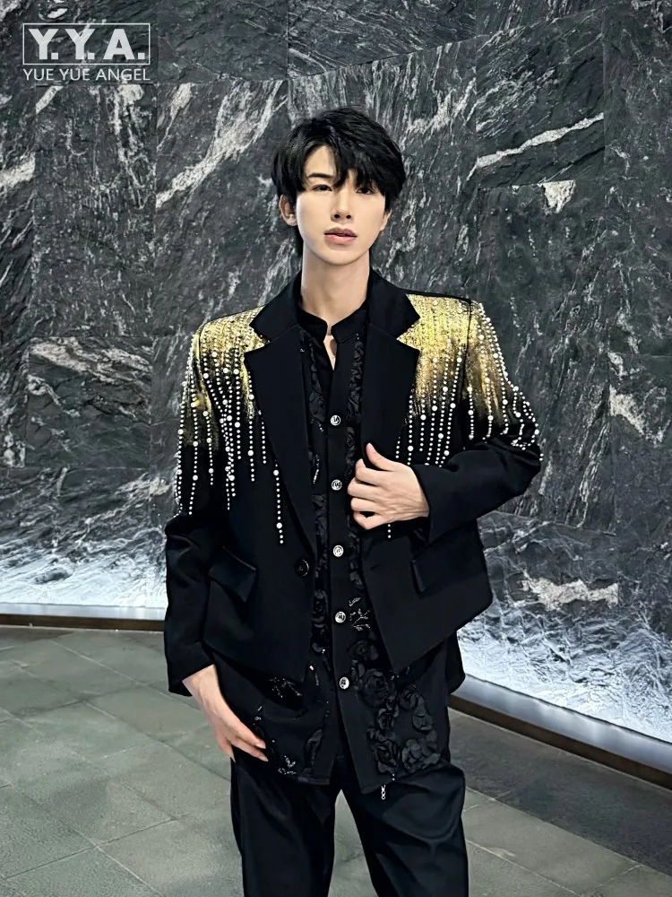 Men Casual Pearl Patchwork Golden Turn Down Collar Loose Fit Suit Jacket Autumn Long Sleeve Fashion Designer Men Short Outerwear