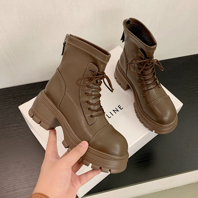 2023 New Ladies Shoes Basic PU Women's Boots Modern Ankle Boots Women Sewing Lace Up Round Toe Side Zip Chunky Heel Shoes Women