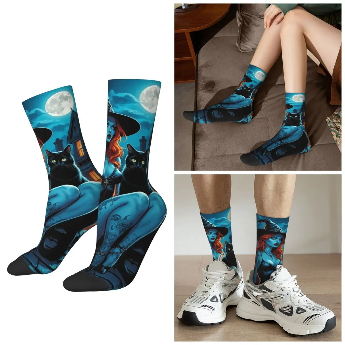 

All Seasons Mysterious Witch Magic Black Cat Socks Harajuku Crew Socks Fashion Stockings for Men Women Christmas Gifts