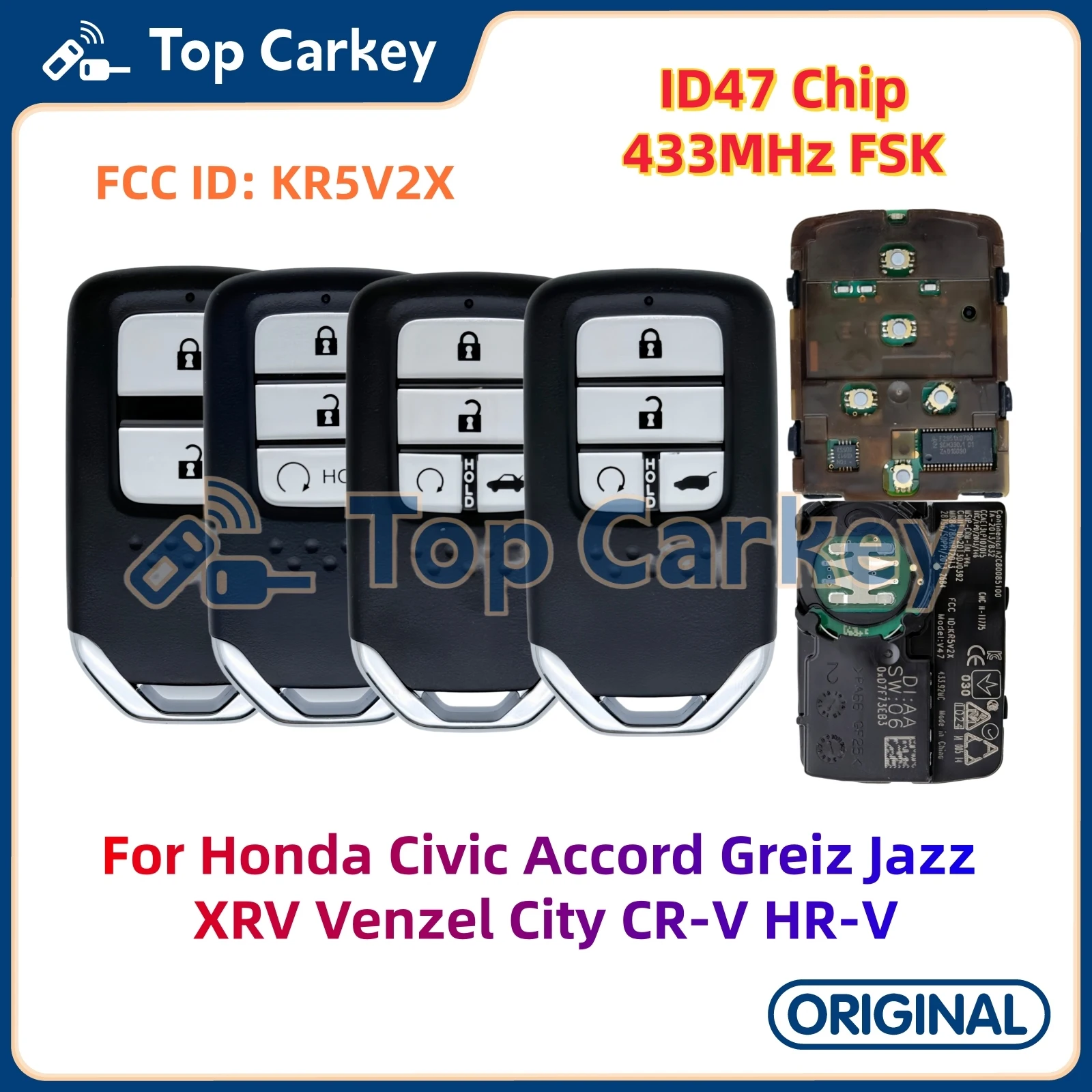 TopCarkey KR5V2X Original Smart Key ID47 Chip 433MHz for Honda Civic Accord Greiz Jazz XRV Venzel City CR-V HR-V