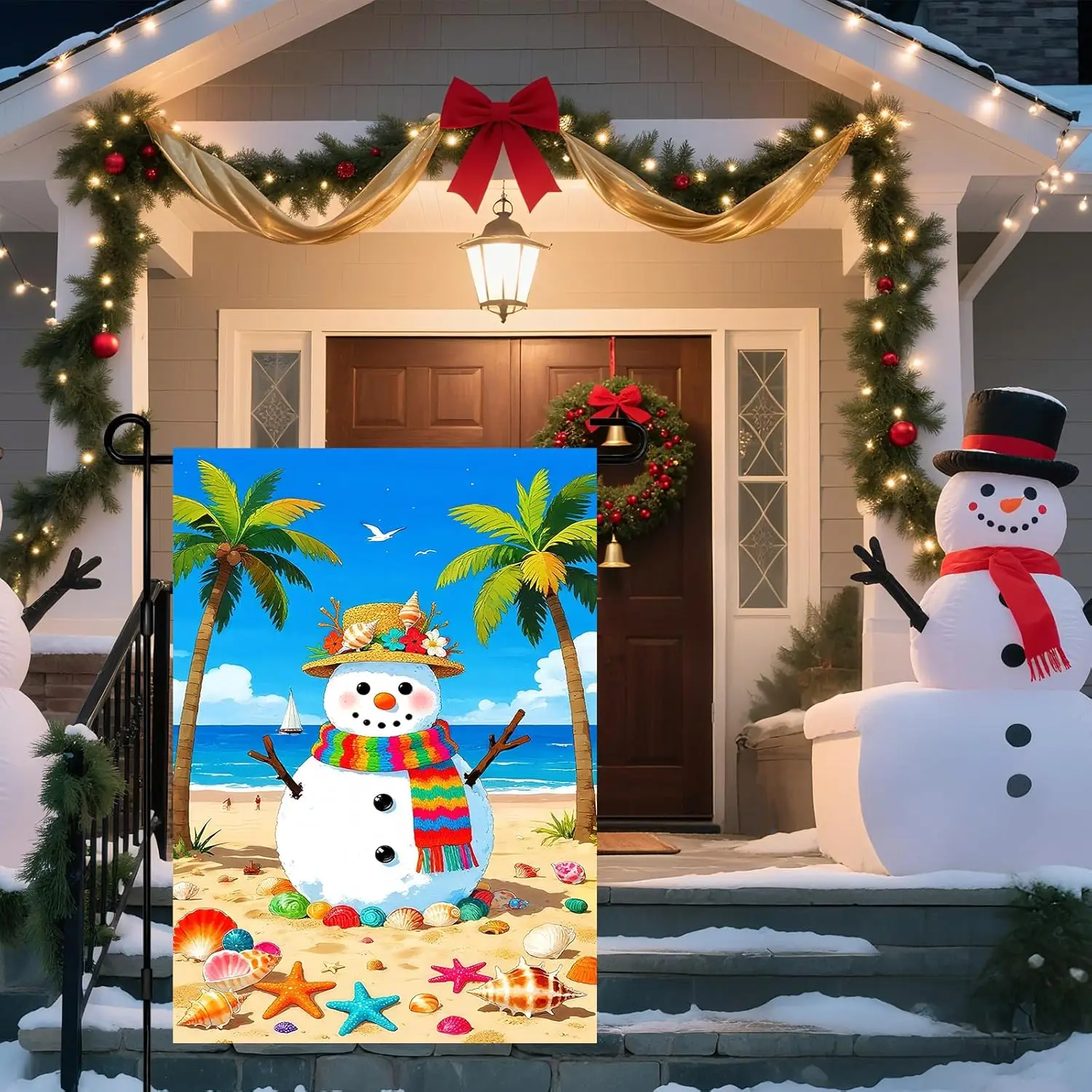Welcome Summer Snowman Garden Flag 12x18 Inch Double Sided | Snowman on Beach Hawaii Seaside Sunshine for front door lawn po uui