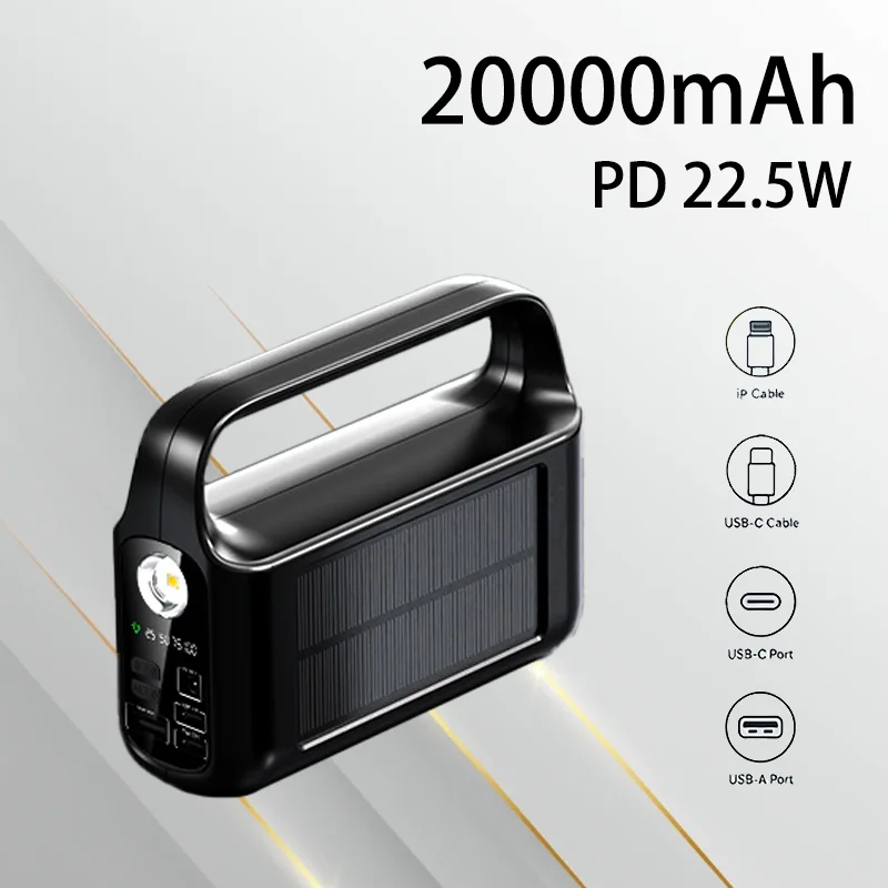 

Портативный солнечный Power Bank 20000 мАч с быстрой зарядкой PD 22.5W, встроенным кабелем, ручкой и фонариком для кемпинга, внешний источник питания для мобильных устройств