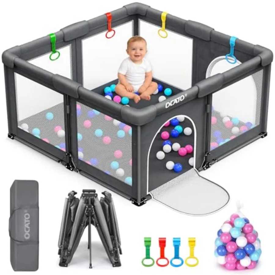 

Portable baby playpen for indoor and outdoor use, made of durable polyester fabric in gray color with anti-slip base and secure