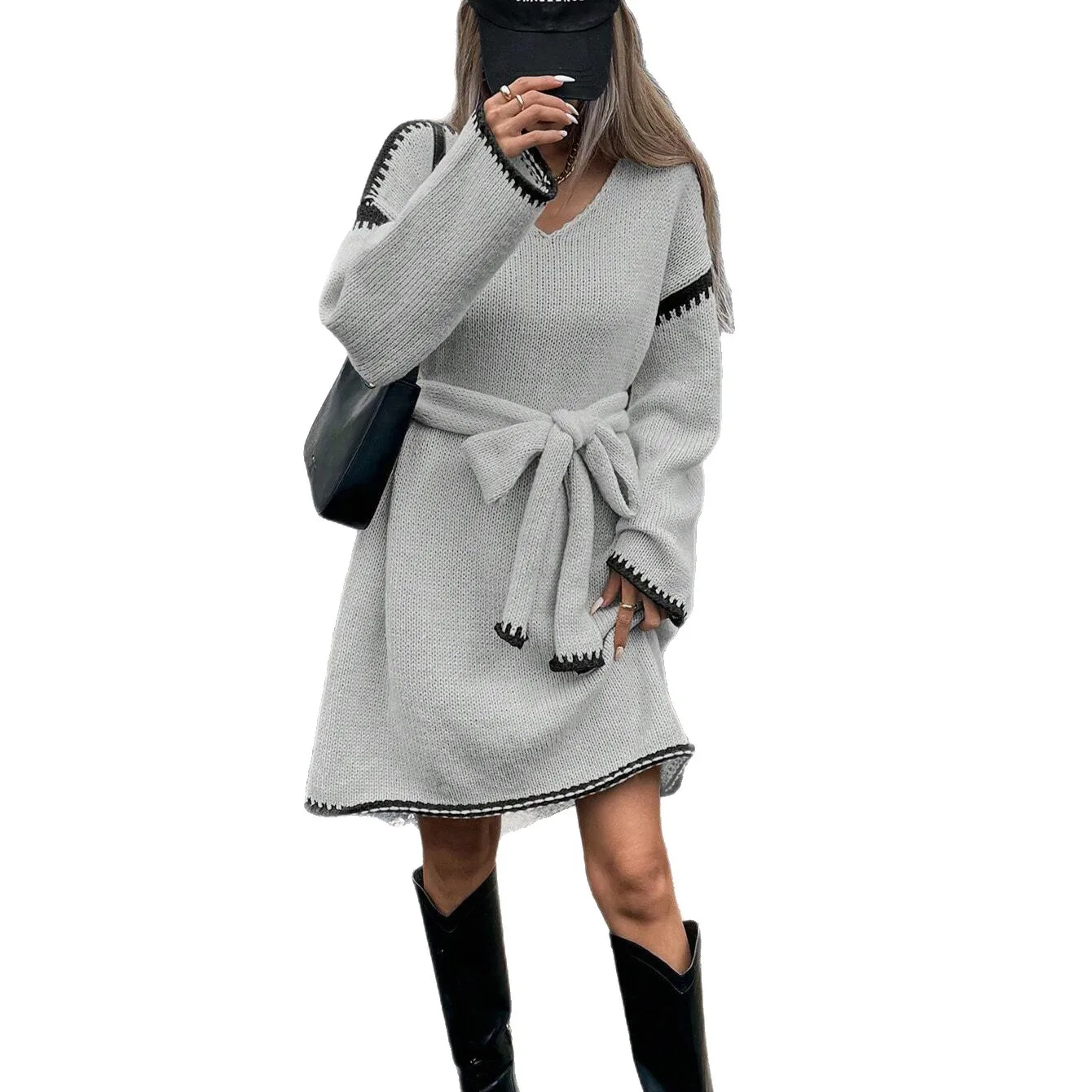 

2025 New Fashion Printed Lace-up V-Neck Dress Women Autumn Casual Loose Long-Sleeved Home Mini Dresses For Women