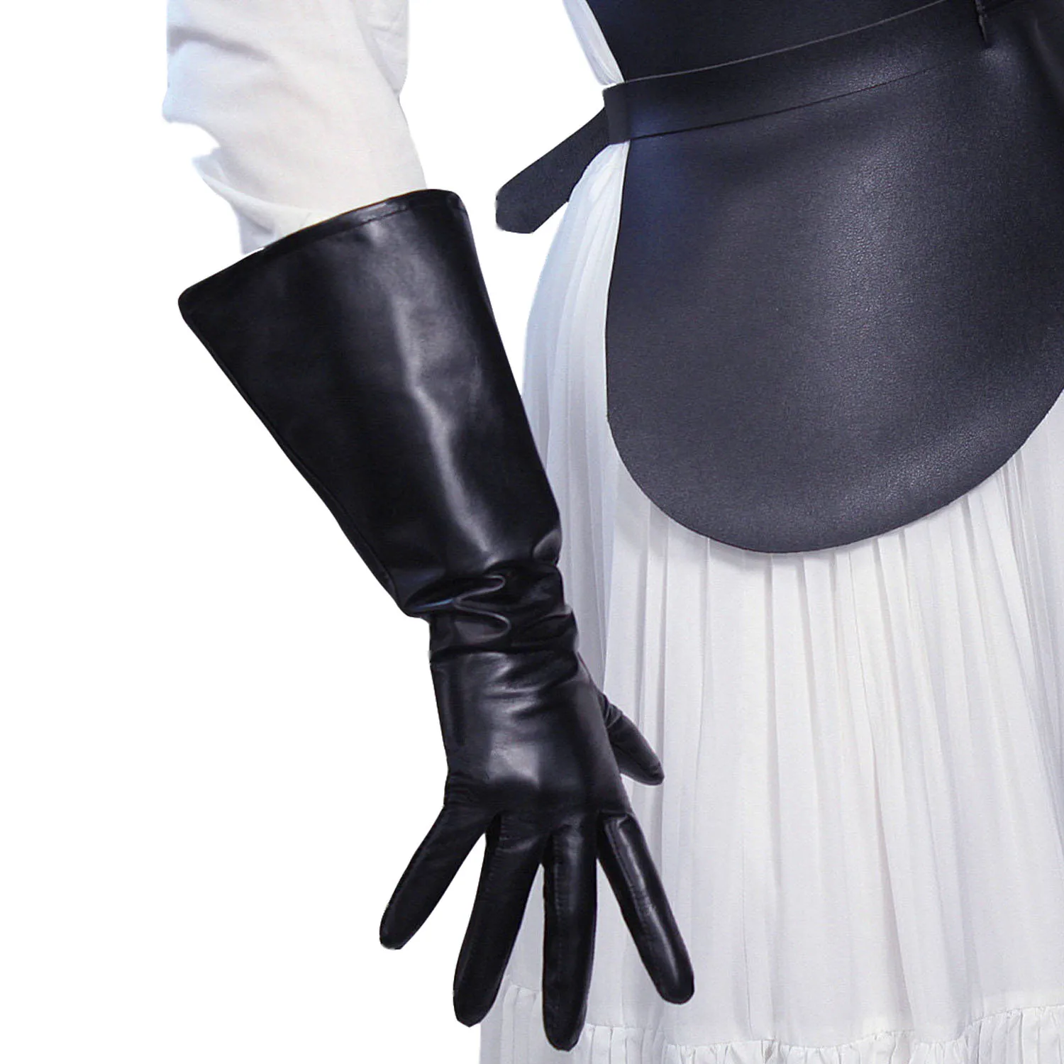 DooWay Women\'s Black Oversized Gloves with Puff Sleeves Real Leather Long Wide Balloon Large Evening Christmas Costume Dressing