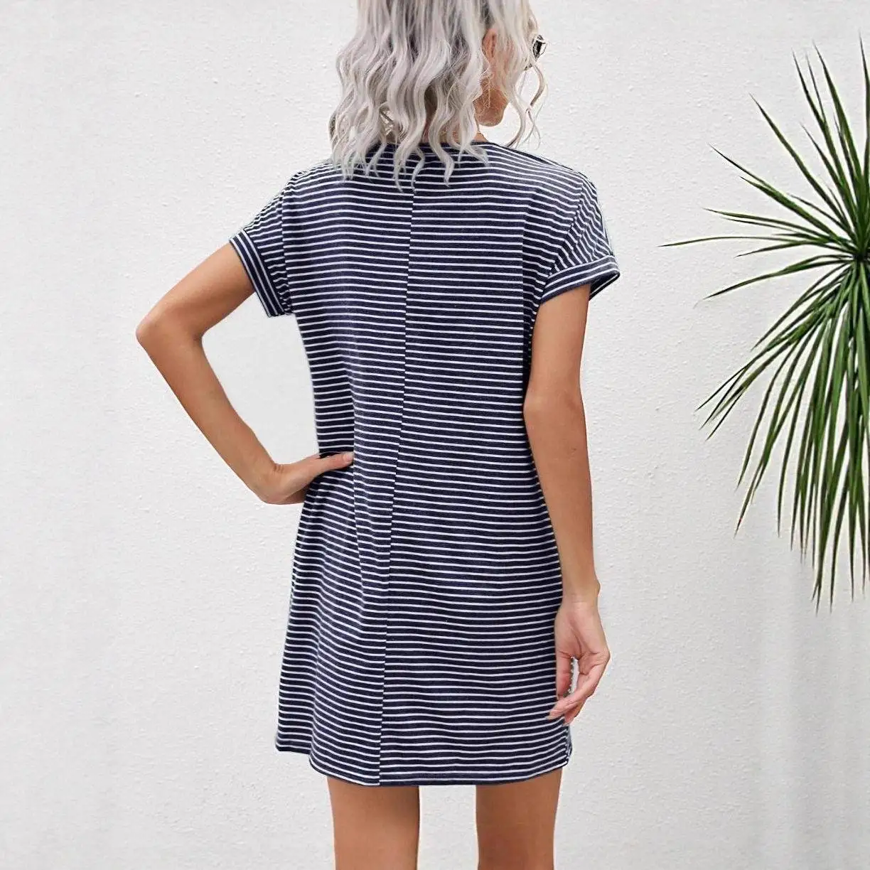 Spring Summer Women's Striped Print round Neck T-Shirt Dress Loose Waist Regular Sleeve Short Sleeve Citywalk Artistic Style