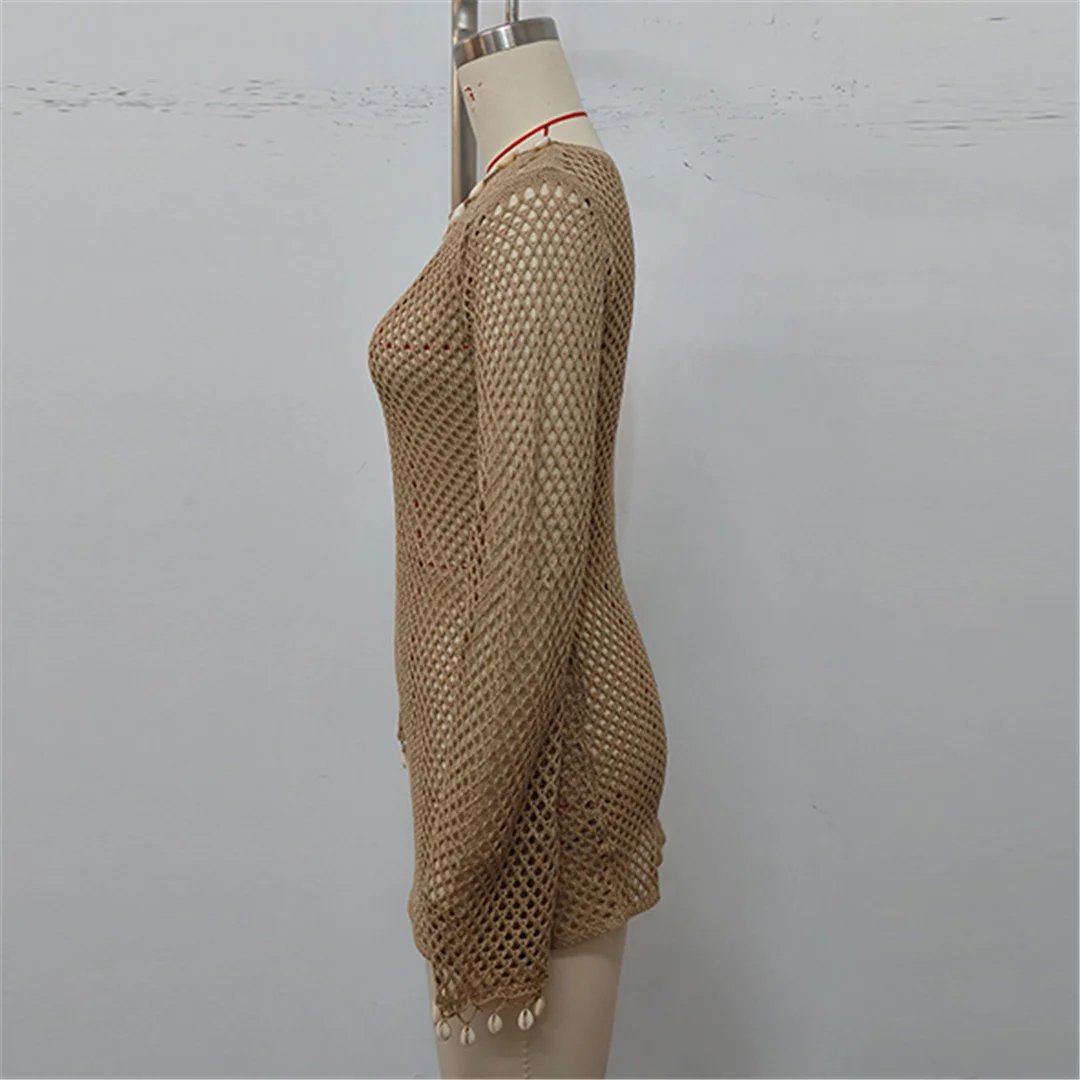 Gekräuseltes, langärmliges, ausgehöhltes, gehäkeltes, gestricktes Strandkleid, Strandmode, Strandbekleidung, Strand-Cover-up, Damen V7145 – Detail 14
