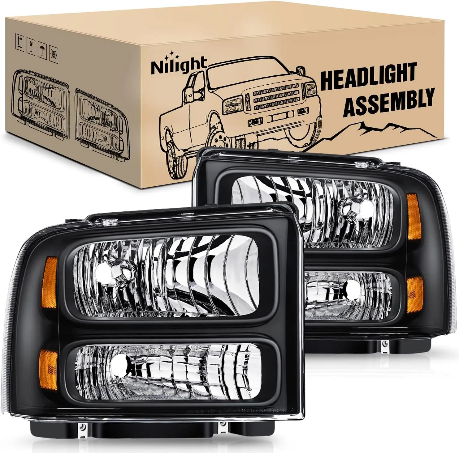 Headlight Assembly 2005 2006 2007 F250 F350 F450 F550 Super Duty Black Housing Amber Corner Clear Lens 4 Pack Headlights Assembl