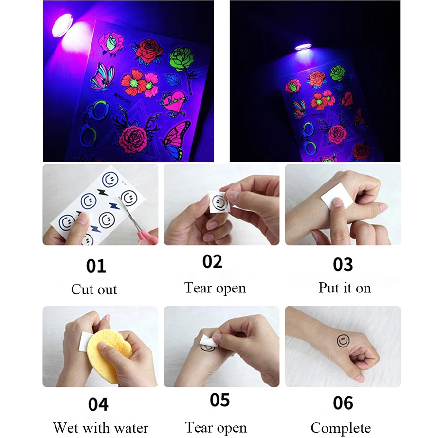 8pc/Set Butterfly Tattoo Sticker Party Nightclub Fluorescent Face Sticker Bar Waterproof UV Glowing Neon Tattoo Music Festival