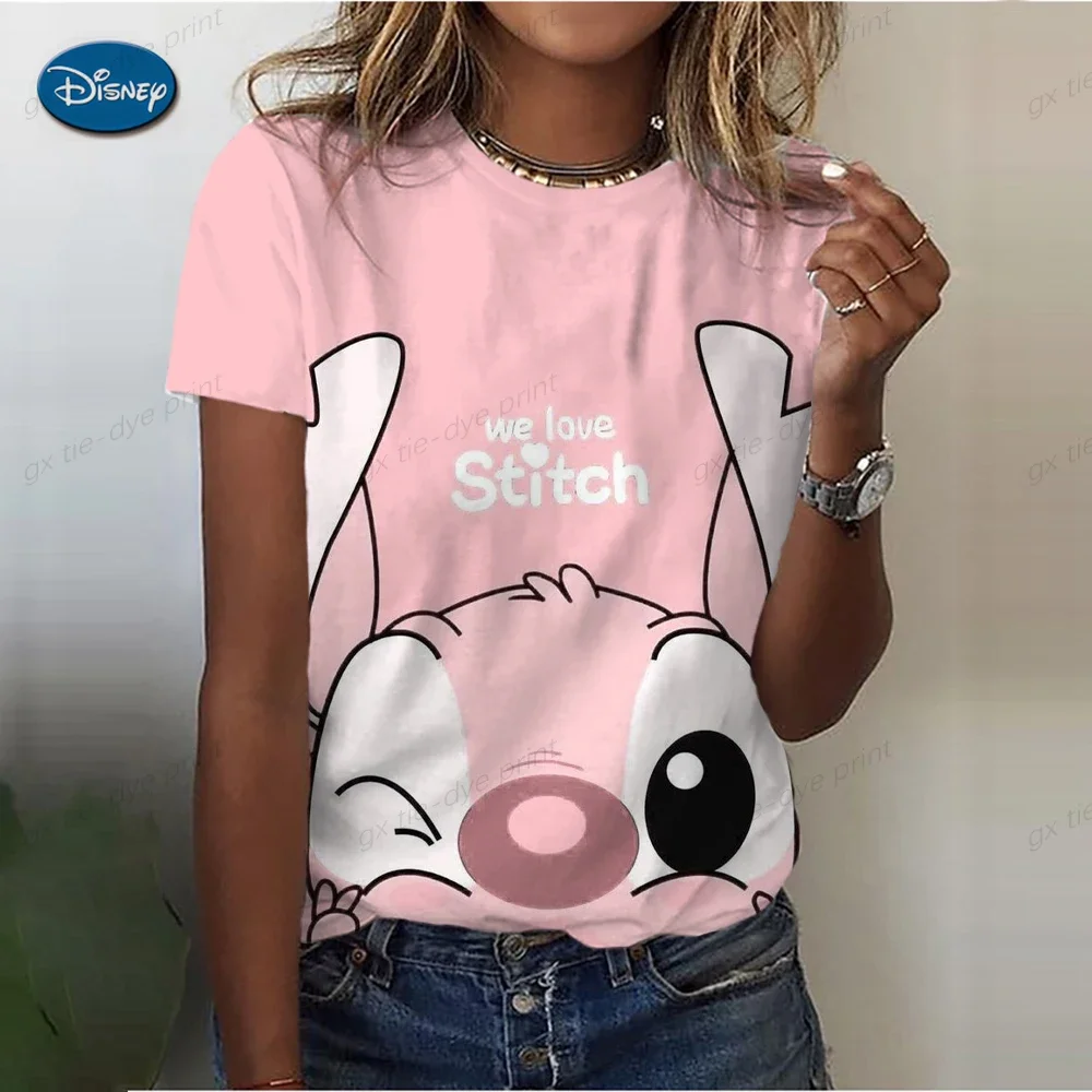 Kawaii Lilo Stitch Print T-shirts Tops for Women Lady Summer Children T-shirts Casual O-neck Ohana Stitch Disney T-shirts