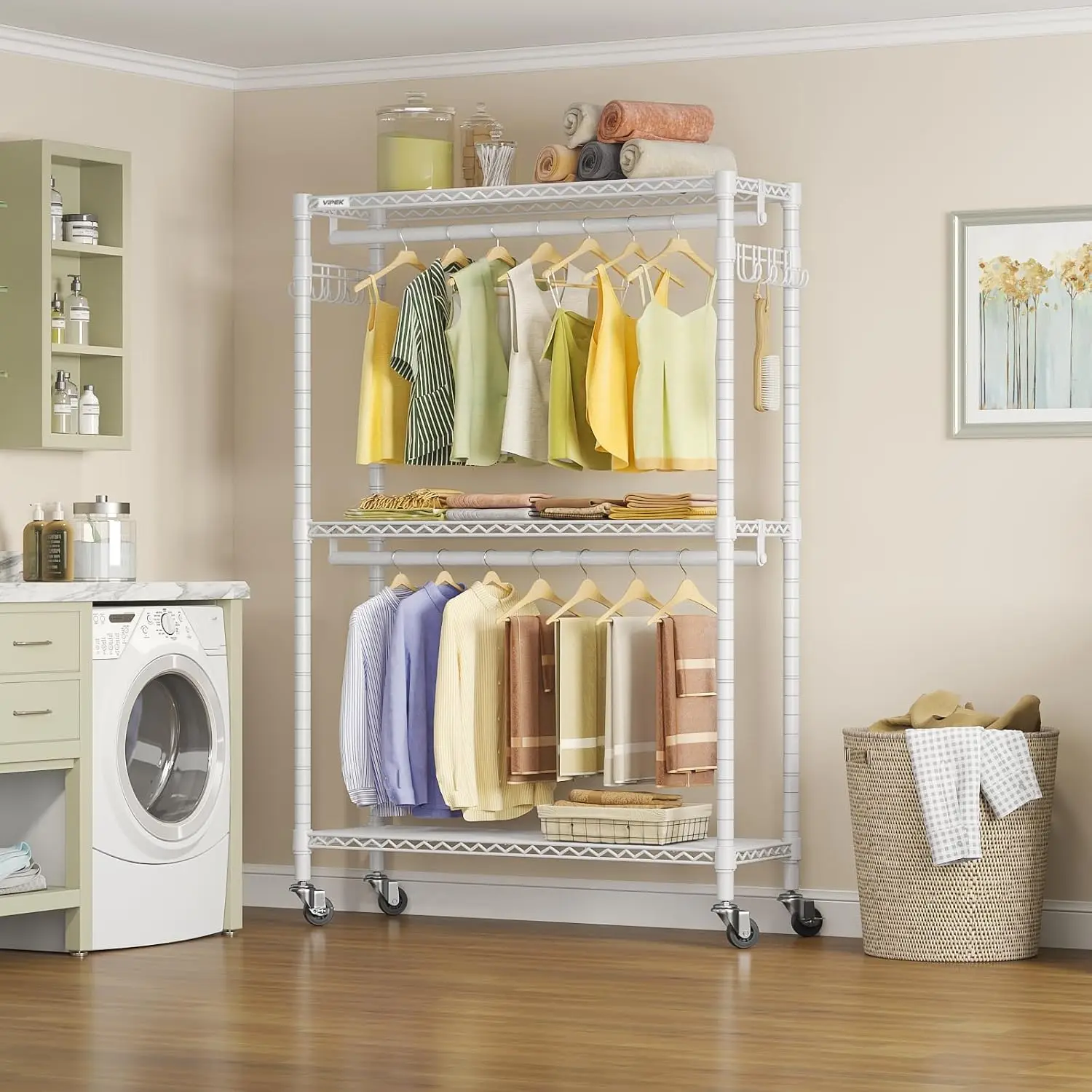 White Heavy-Duty Rolling Clothing Rack Freestanding Closet, Double Hanging Rods with Adjustable Wire Shelves, Lockable Silent Wheels & Metal Side Hooks, 650 LBS Max Load Garment Organizer for Laundry Room Bedroom