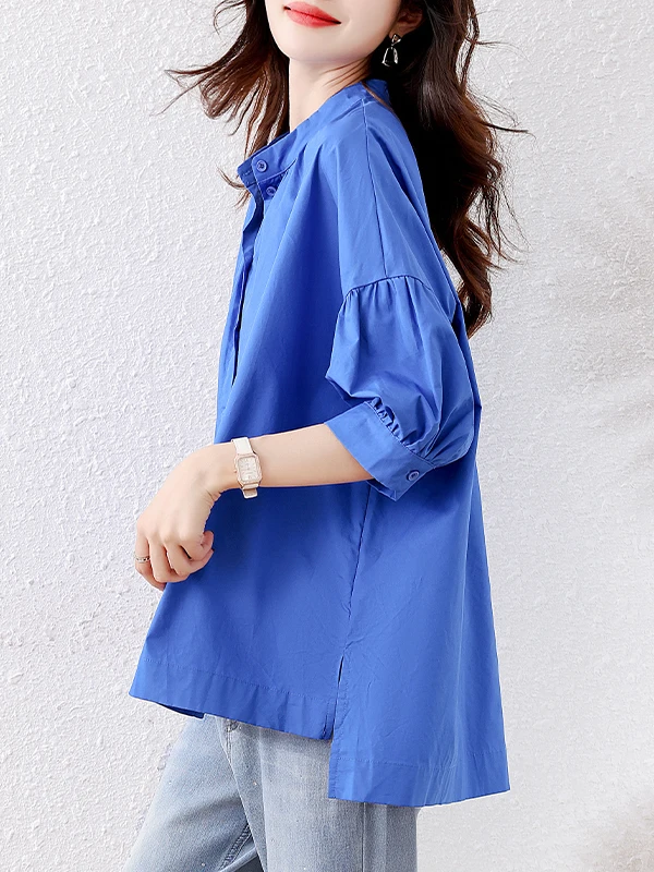 Top da donna allentato in cotone blu irt primavera estate nuovo arrivo Ele Sle colore puro ort Sve abbottonato