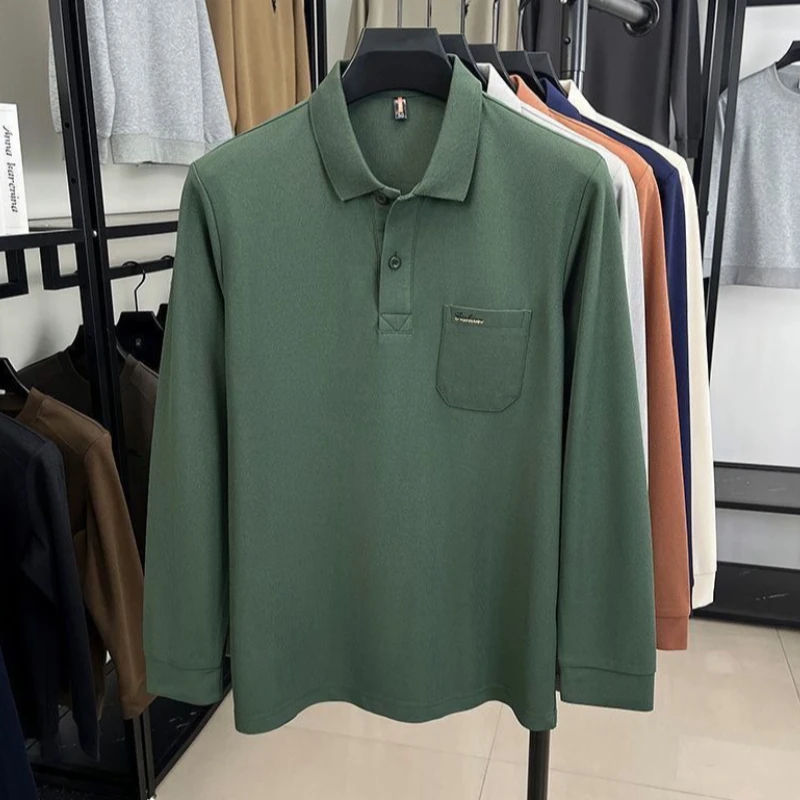 Men's Autumn/Winter Long Sleeve Polo Shirt with Pocket Embroidery Solid Color Business Casual Loose Fit Top