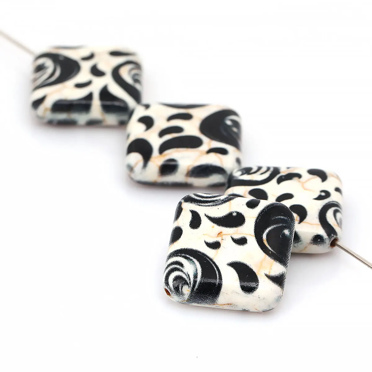 6pcs Diagonally Drilled Black and White Swirl Pattern Square Stone Beads For Jewelry Making Accessories DIY Necklace Bracelet