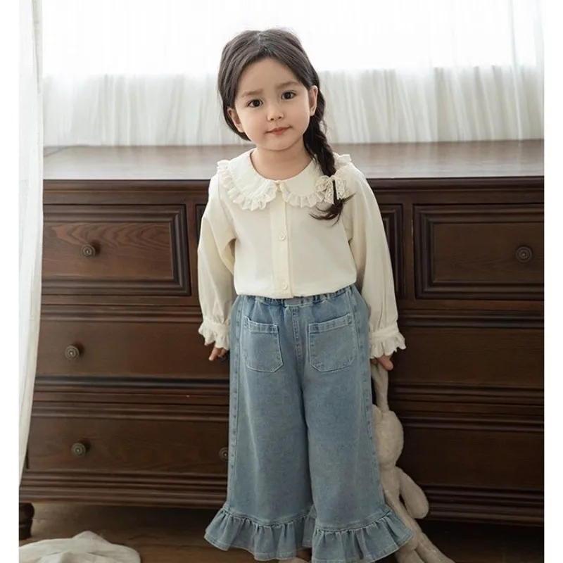 السراويل الفتيات ربيع الخريف بلون الجينز مع أرجل مستقيمة واسعة الساقين الدانتيل الساقين بناطيل كاجوال منتج جديد عصري 2025 #5