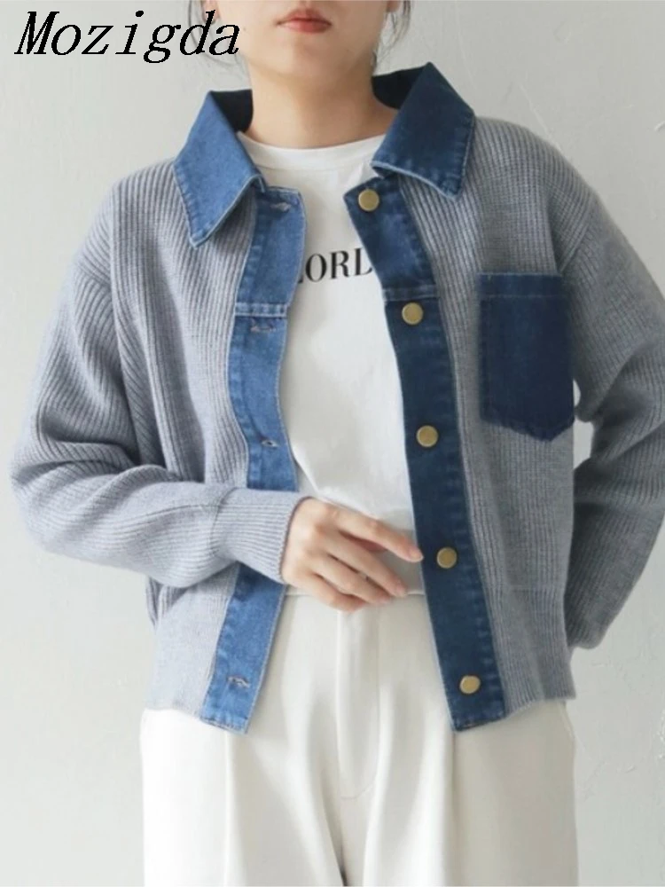 

Retro Denim Collar Splicing Knitted Jacket Women Loose Short Fake Two-Piece Design Sensation Small Audience Open Cardigan