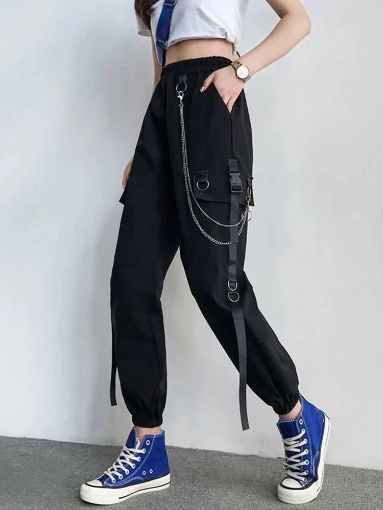 Women Cargo Pants  Harem Pants Fashion Punk Pockets Jogger Trousers With Chain Harajuku Elastics High Waist Streetwear