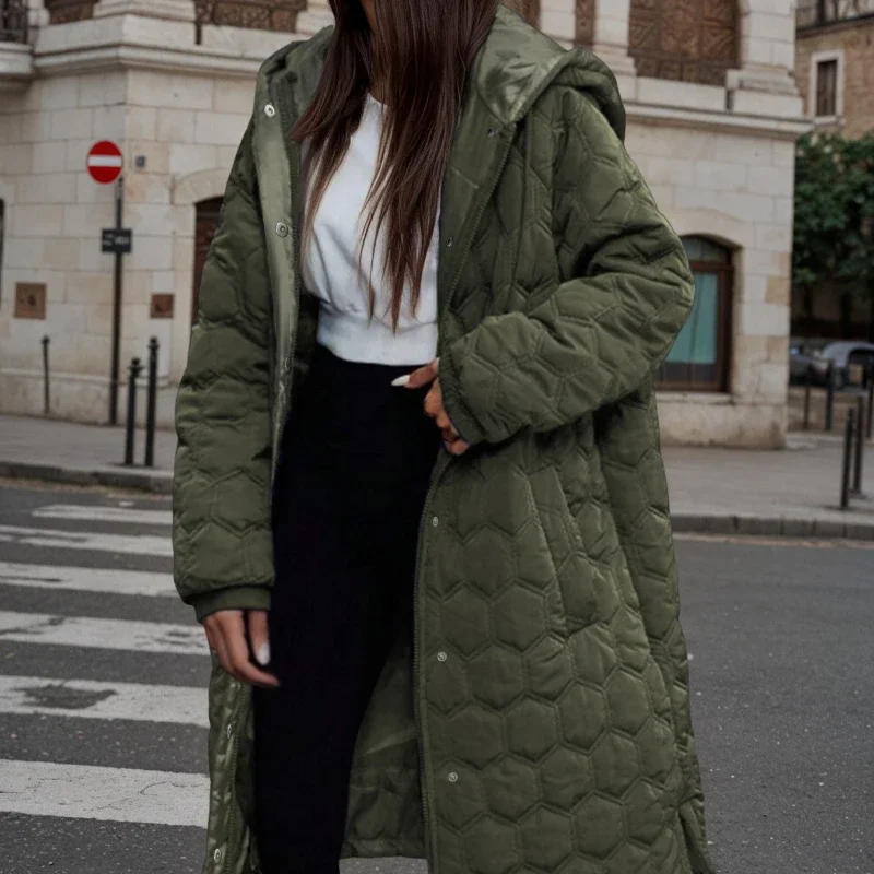 Women's Winter Quilted Long Sleeve Jacket Coat Casual Loose Warm Hooded Single Breasted Solid Pocket Outerwear Jackets Coats